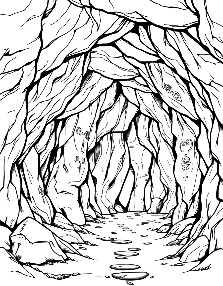 Sacred cave entrance with detailed rock formation and symbolic markings