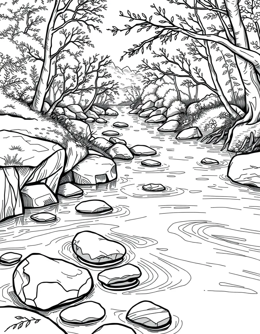 Riverside prayer space with detailed water elements and symbolic stones