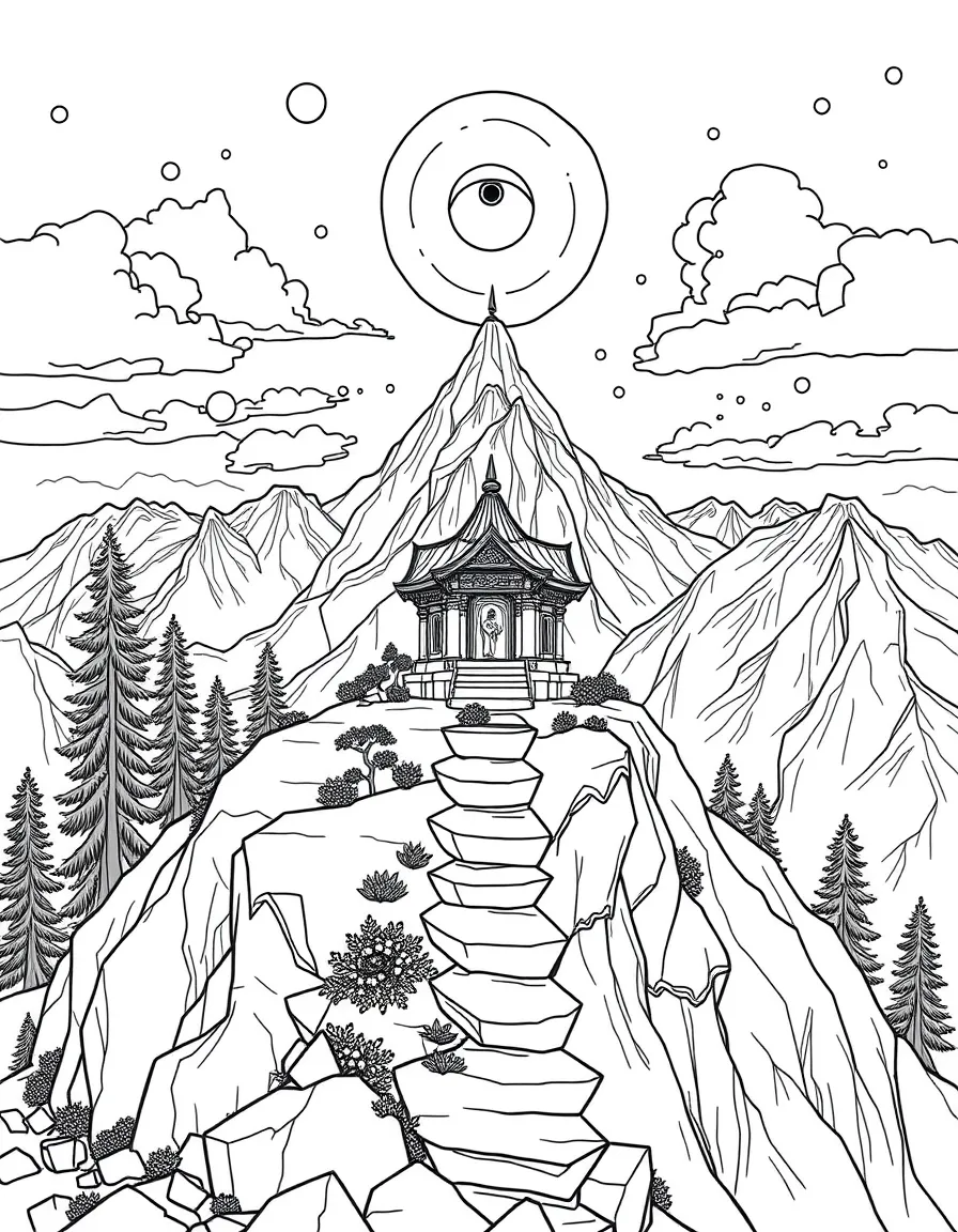 Mountaintop shrine with detailed vista and spiritual elements