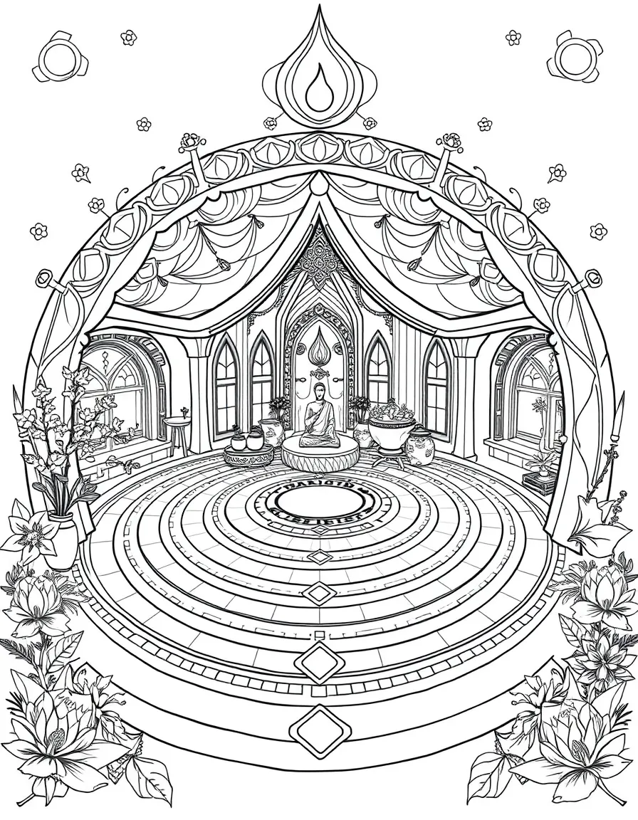 Spiritual retreat center with meditation labyrinth and detailed elements