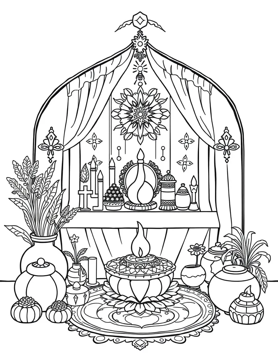 Home altar with elements from multiple spiritual traditions