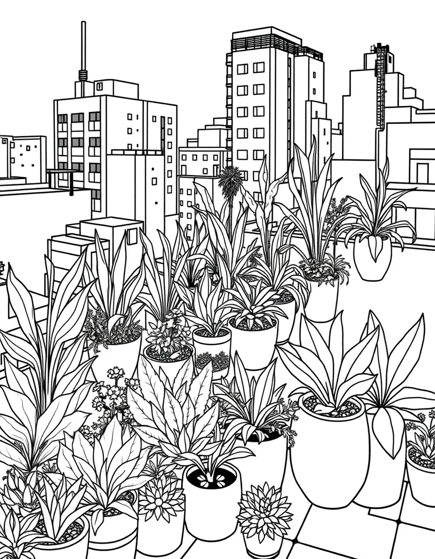 Urban rooftop spiritual garden with detailed plant arrangements