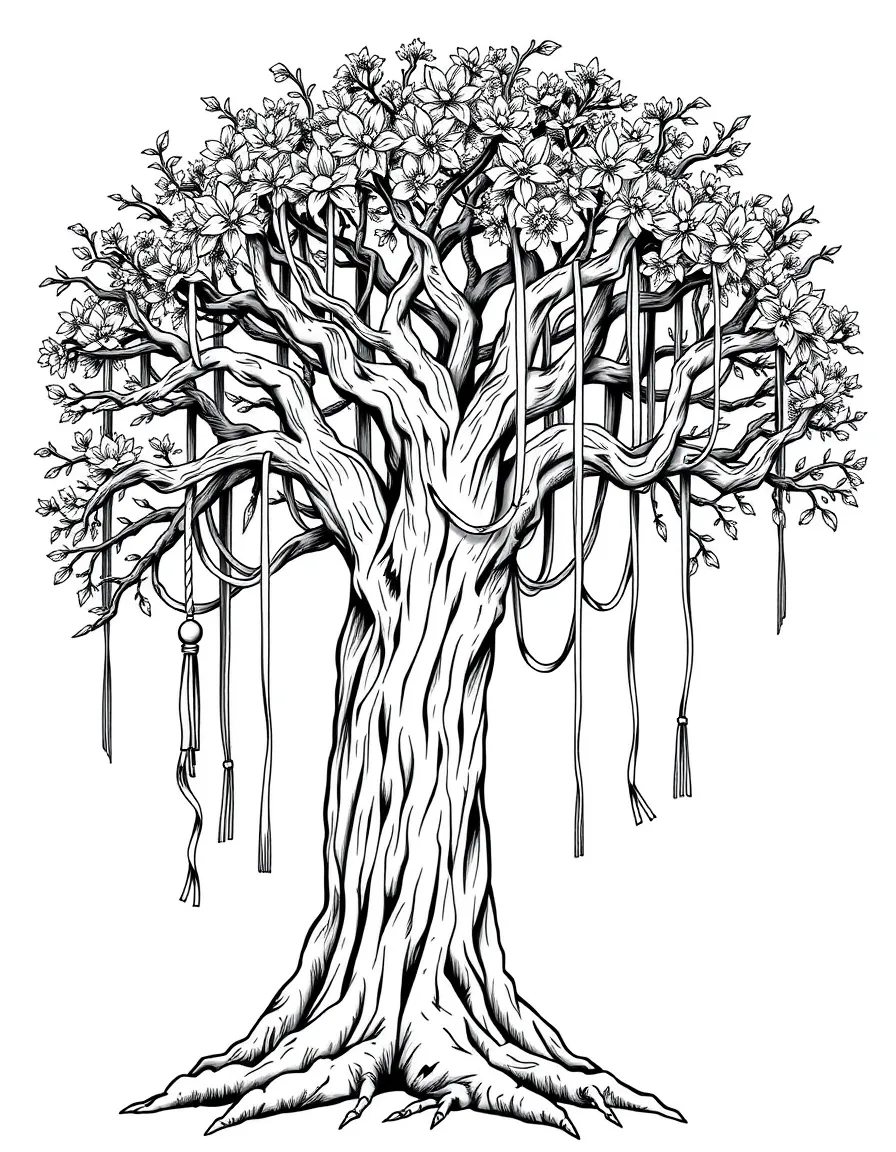 Ancient tree with prayer ribbons and detailed trunk texture