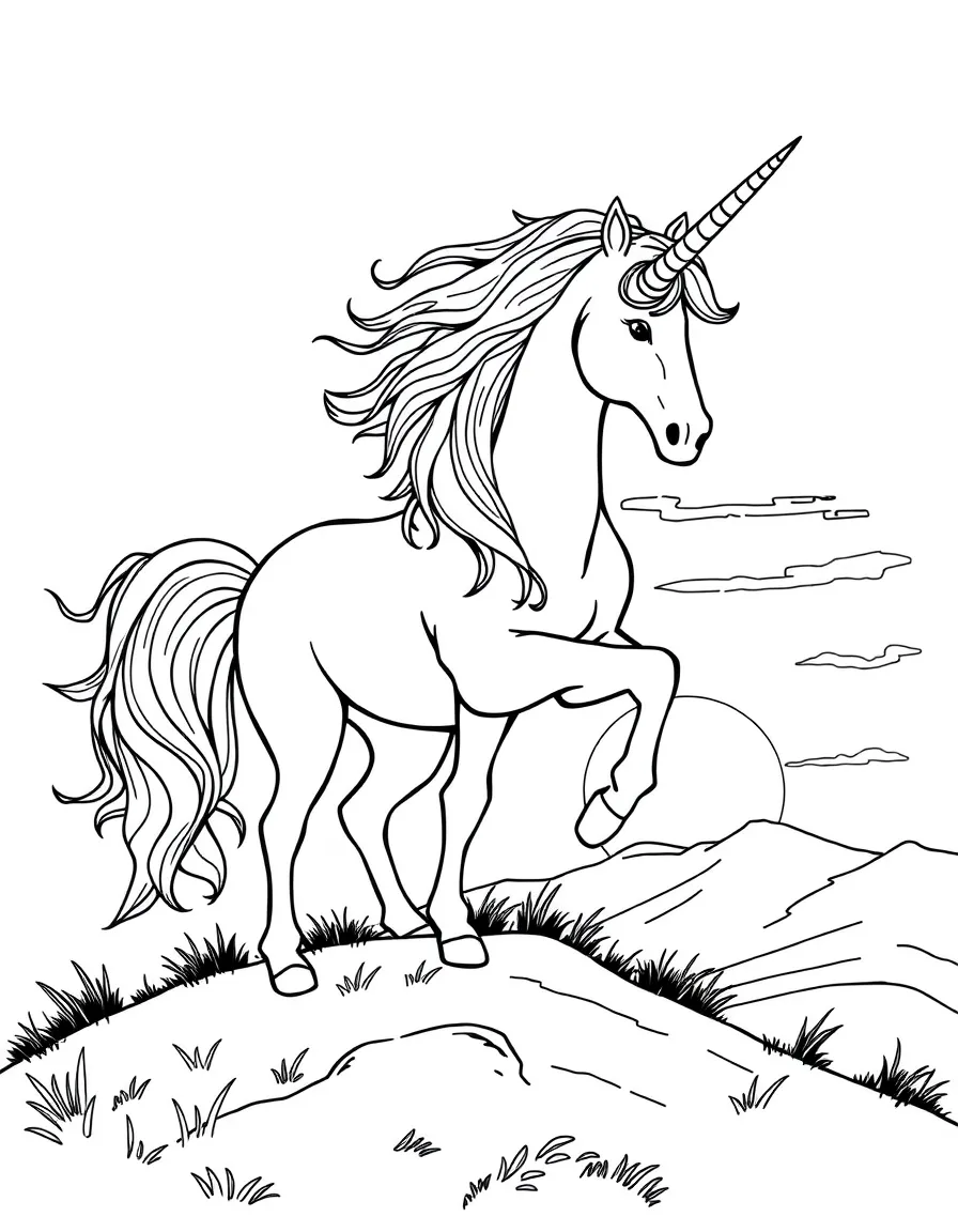 A majestic unicorn standing on a hilltop at sunset, its mane flowing in the wind