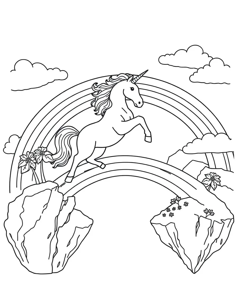 Unicorn leaping over a rainbow bridge between two floating islands