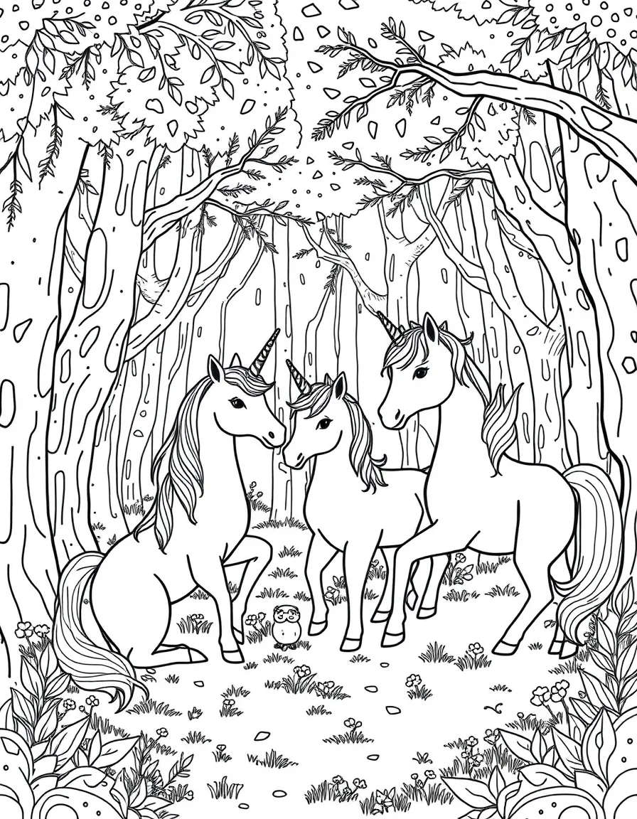 A unicorn family gathering in an enchanted forest glade