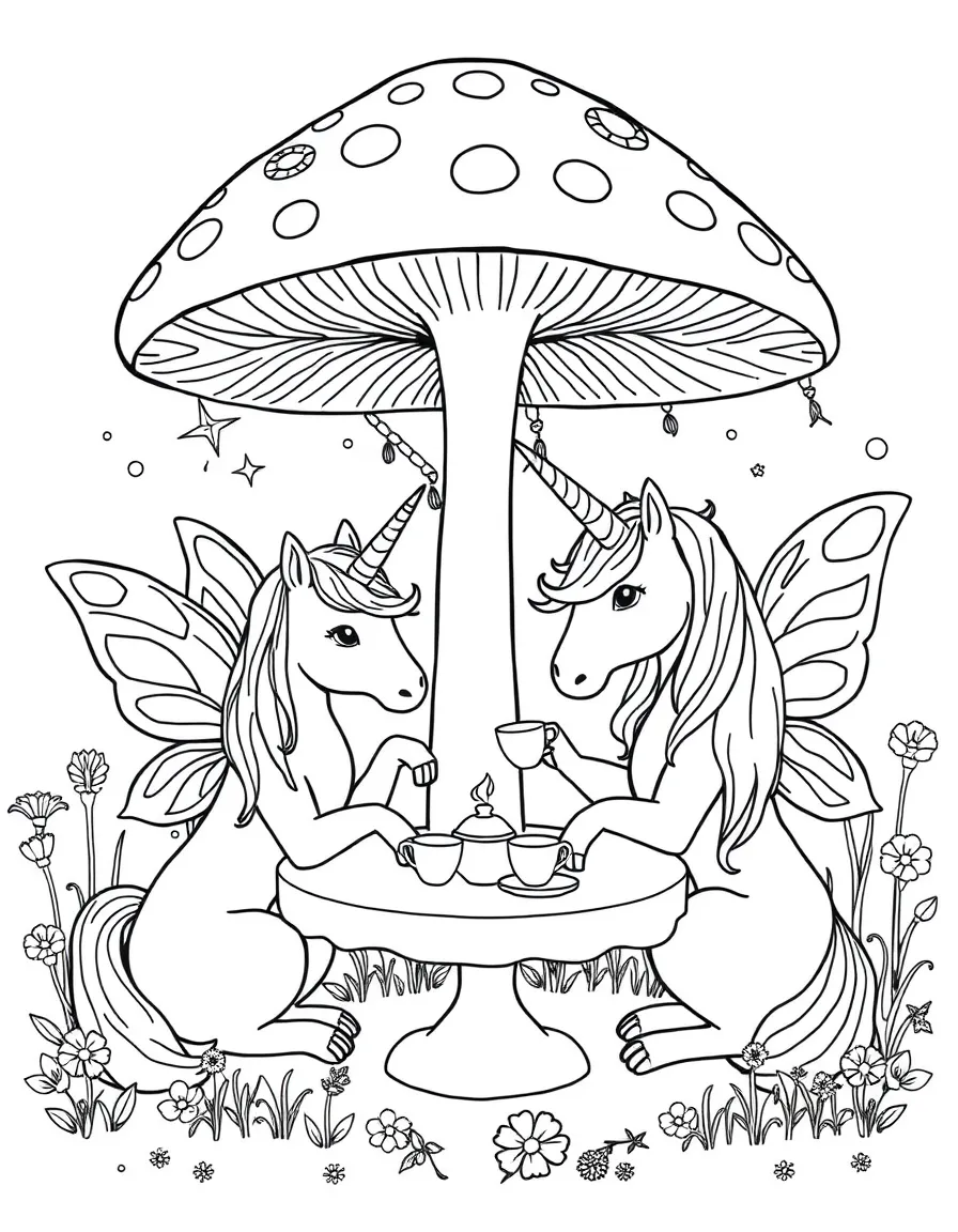 Unicorn and fairy friends having a tea party under a mushroom