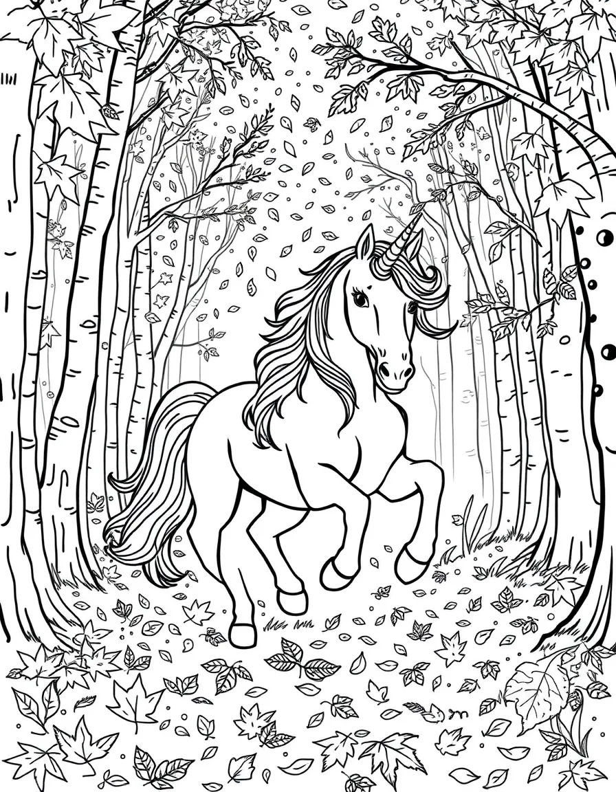 Autumn unicorn running through falling leaves in a forest