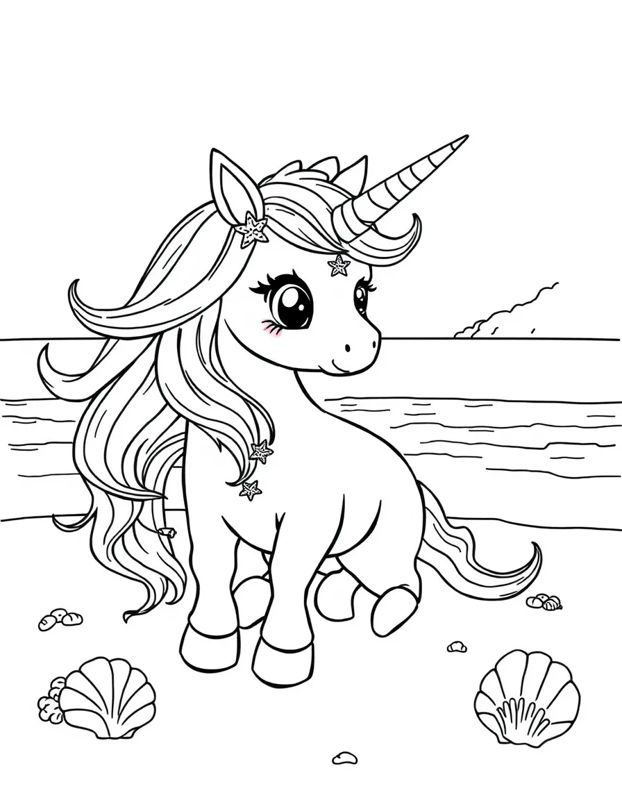 Summer unicorn playing on a beach with seashell decorations