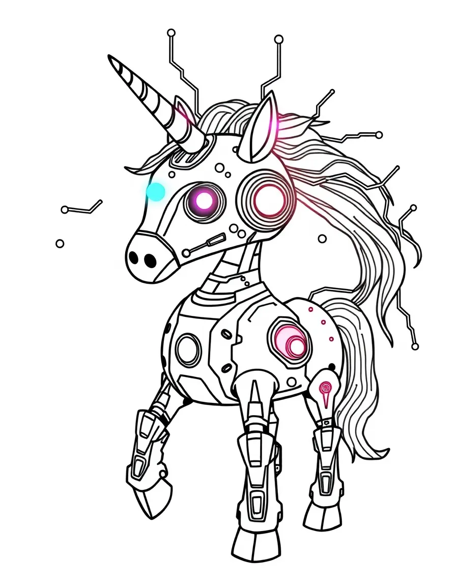 Robot unicorn with circuit patterns and glowing elements