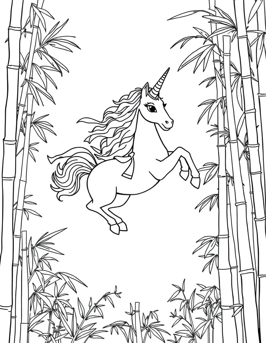 Ninja unicorn in mid-leap over bamboo forest