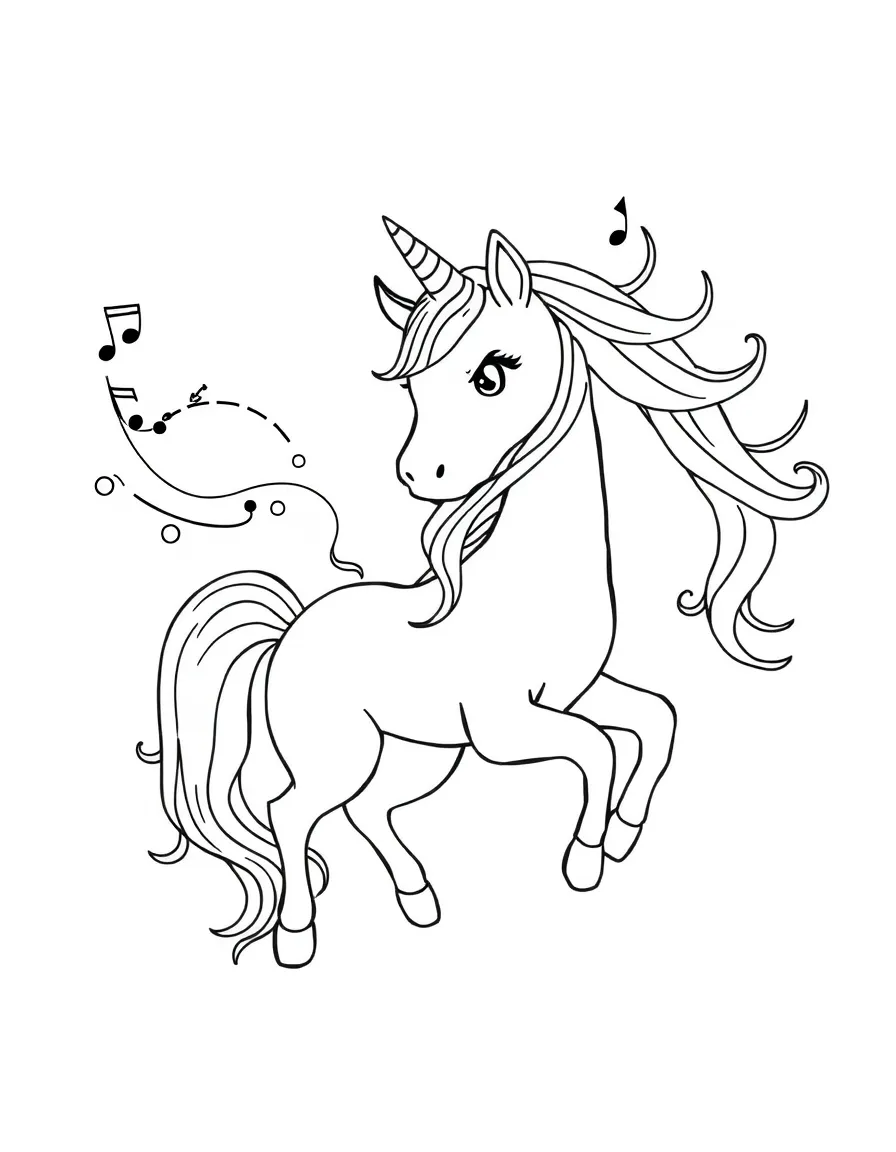 Musical unicorn with musical notes flowing from its mane