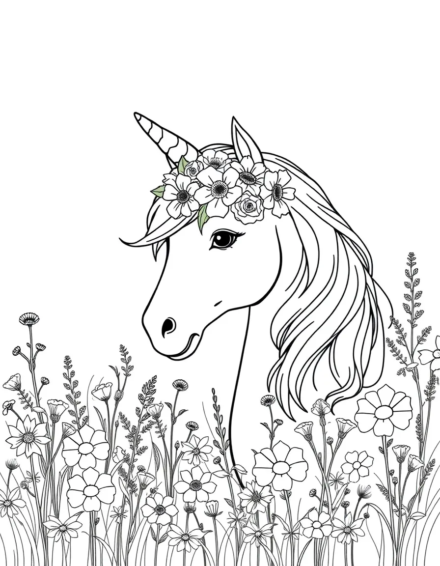 Flower crown unicorn in a meadow of wildflowers