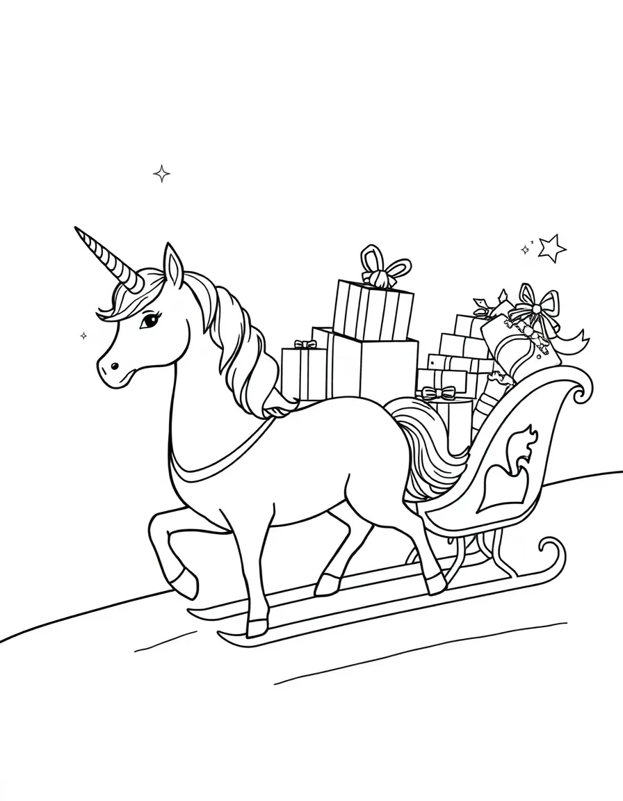 Christmas unicorn delivering presents in a sleigh