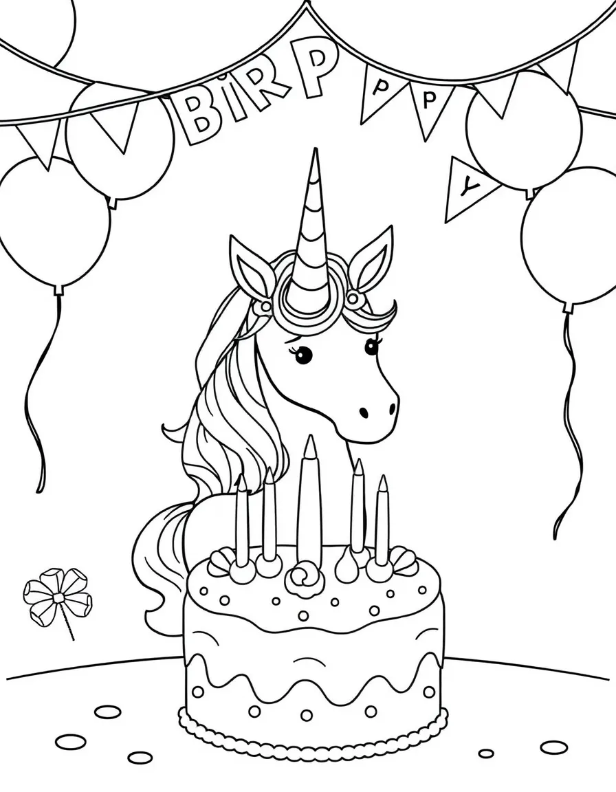 Birthday unicorn with cake and party decorations