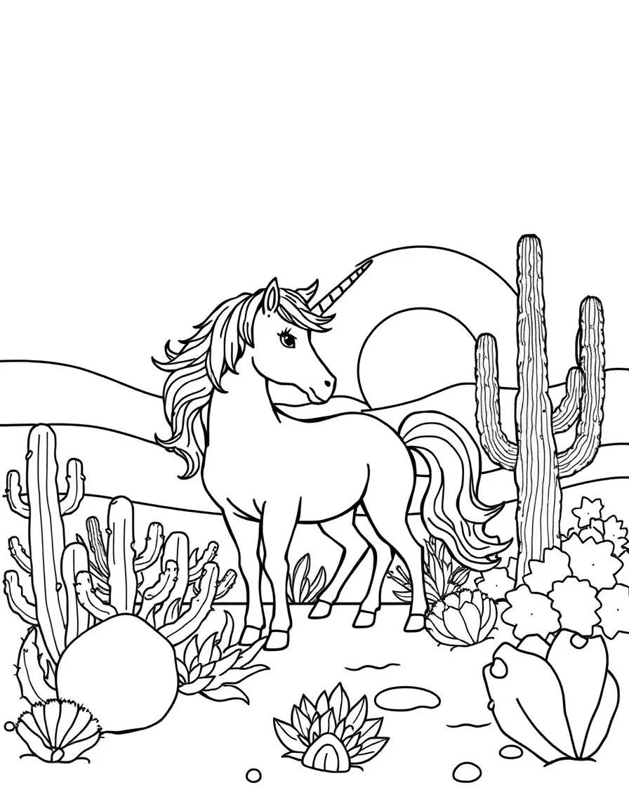 Desert unicorn with cactus garden and setting sun