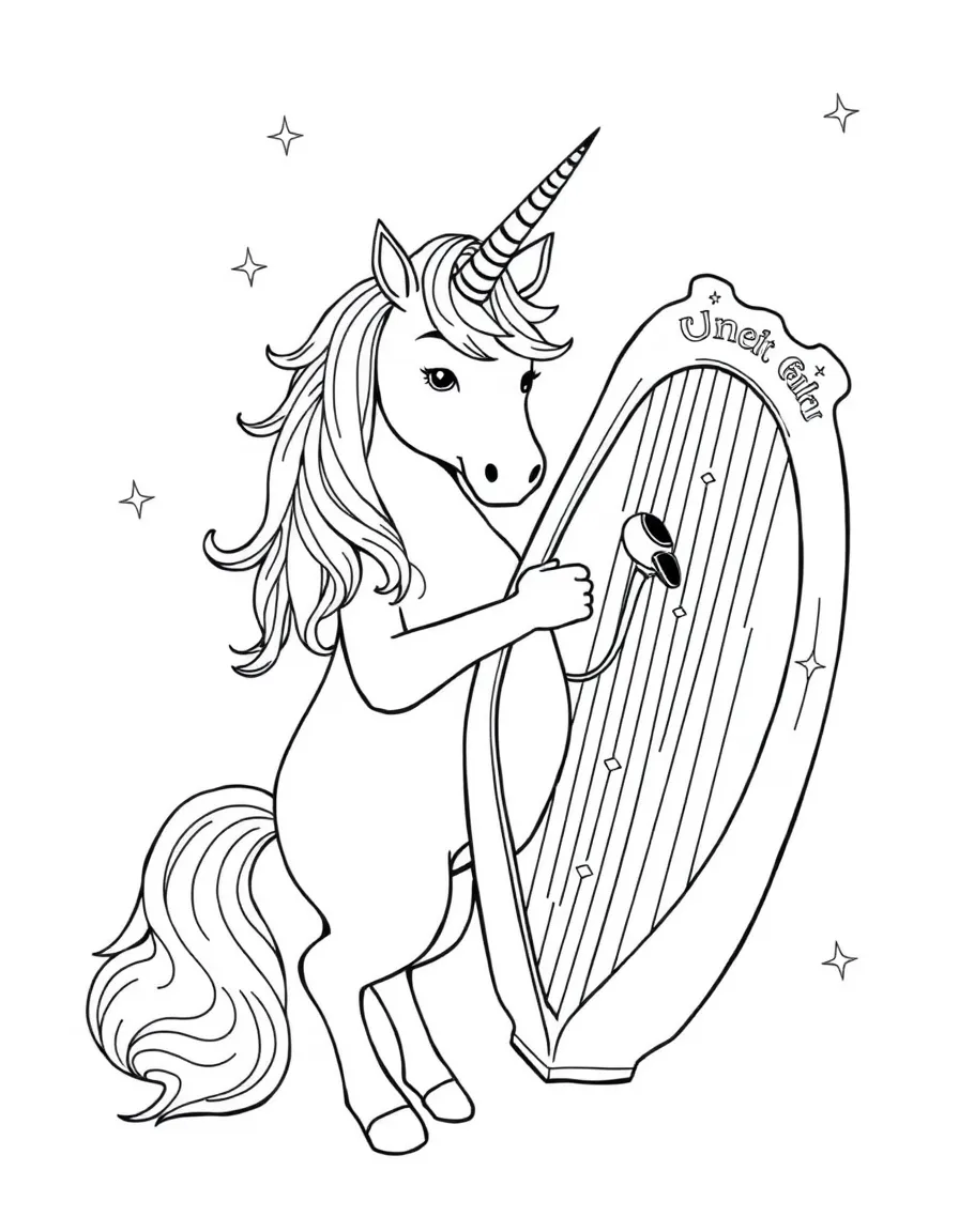 Unicorn musician playing a magical harp