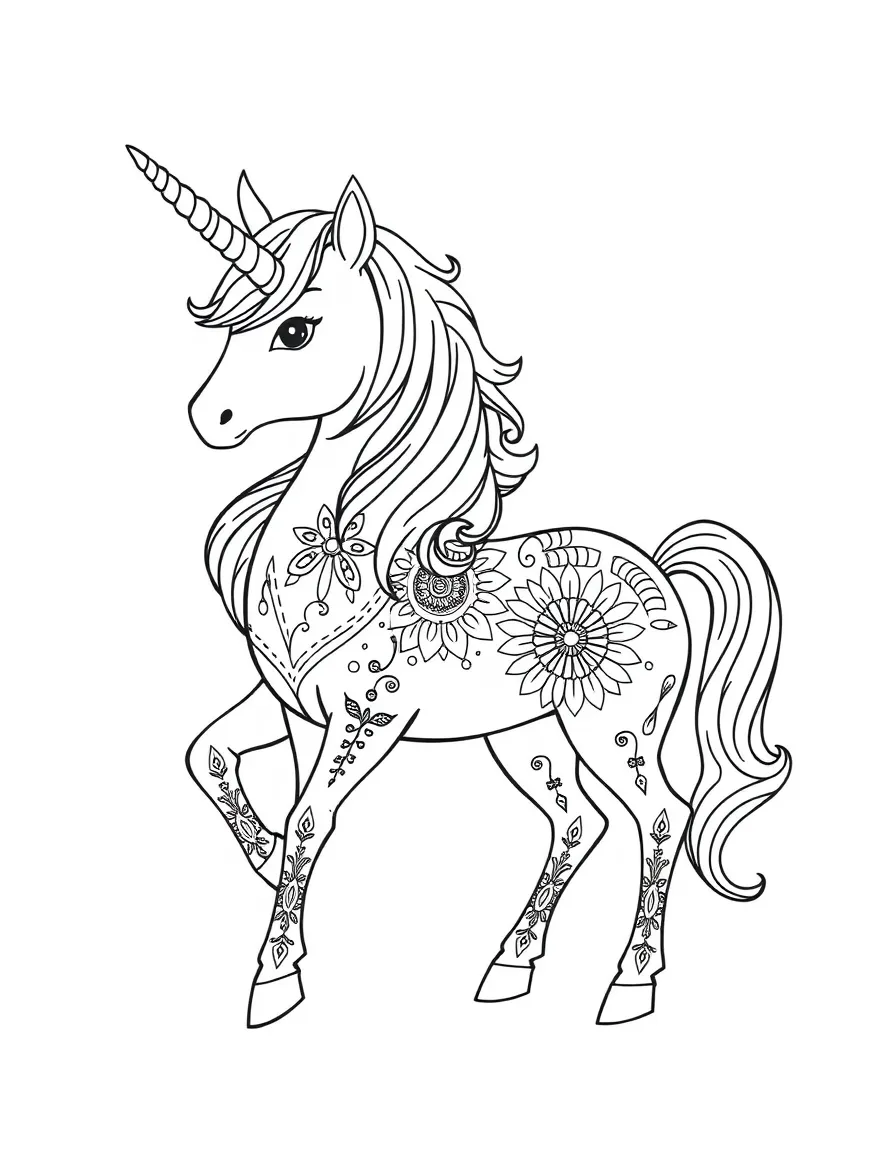 Unicorn with decorative mandala patterns on its body