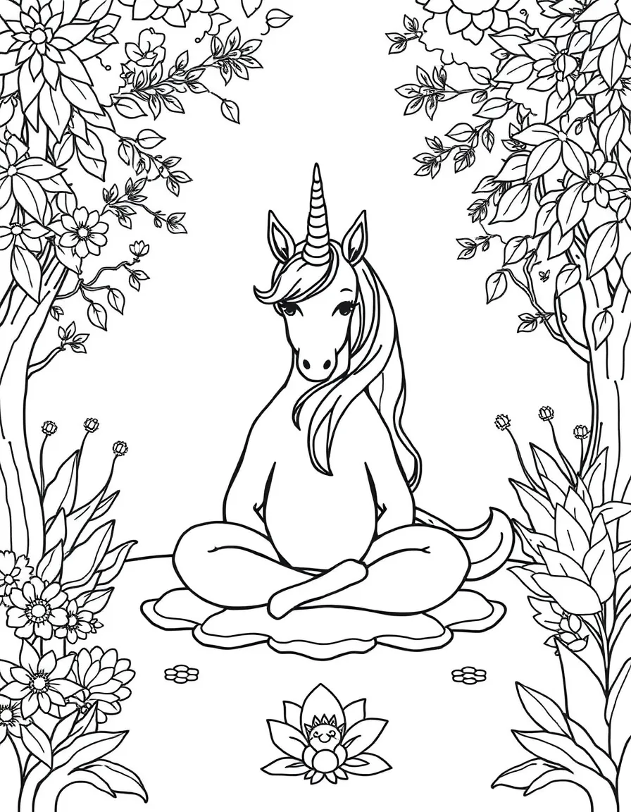 Zen unicorn meditating in a peaceful garden