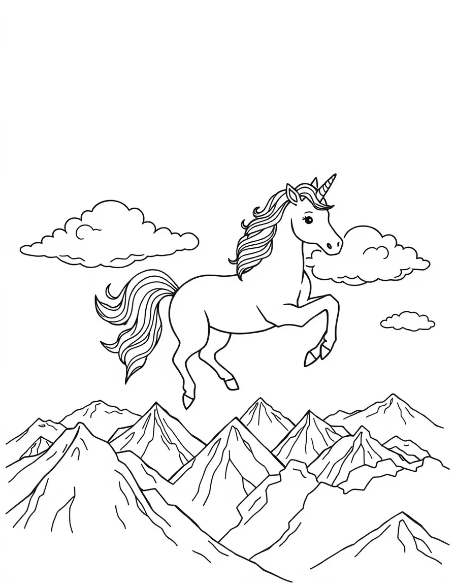 Unicorn made of clouds drifting over mountains