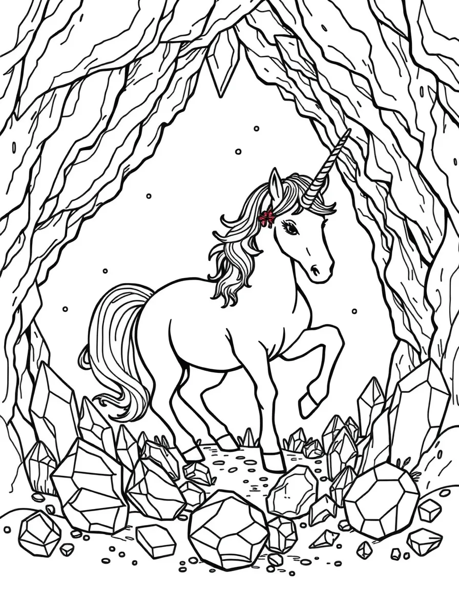 Crystal cave unicorn surrounded by gemstones