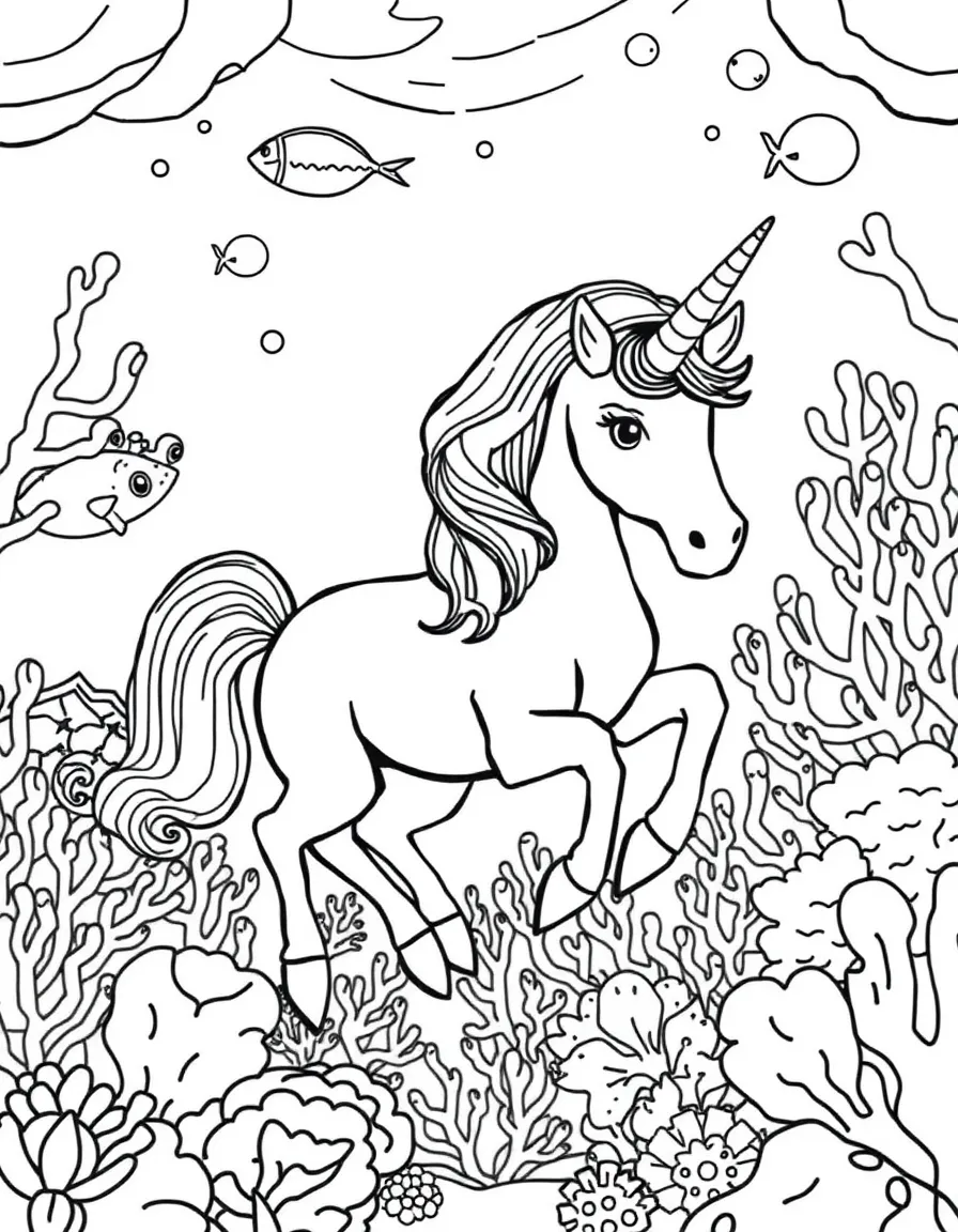 Underwater unicorn in a coral reef kingdom