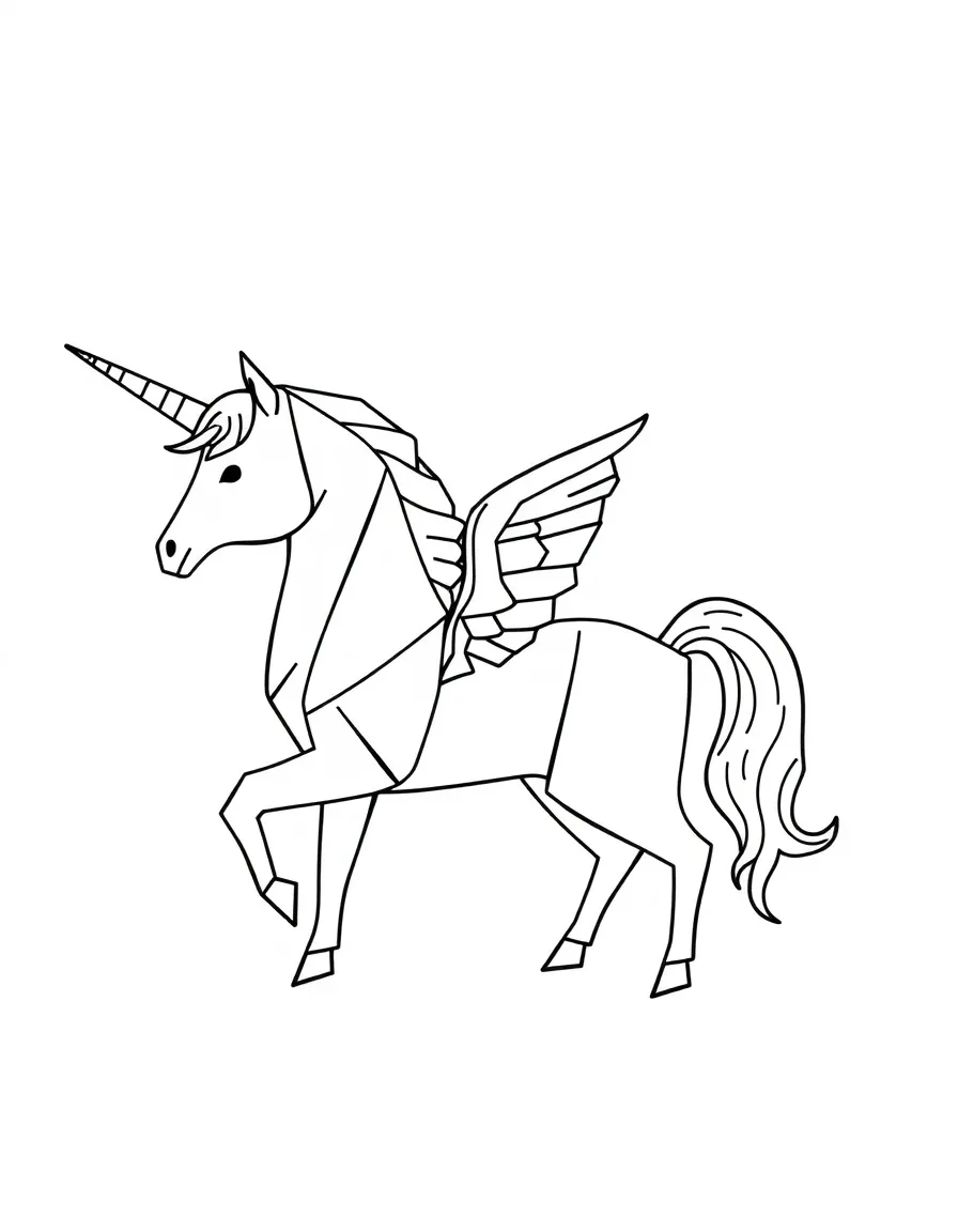 Paper unicorn in origami style with fold lines
