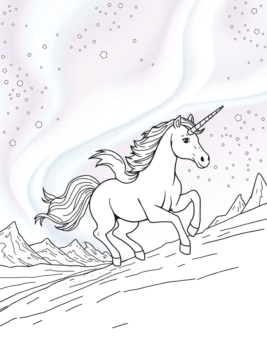 Unicorn racing through aurora borealis lights
