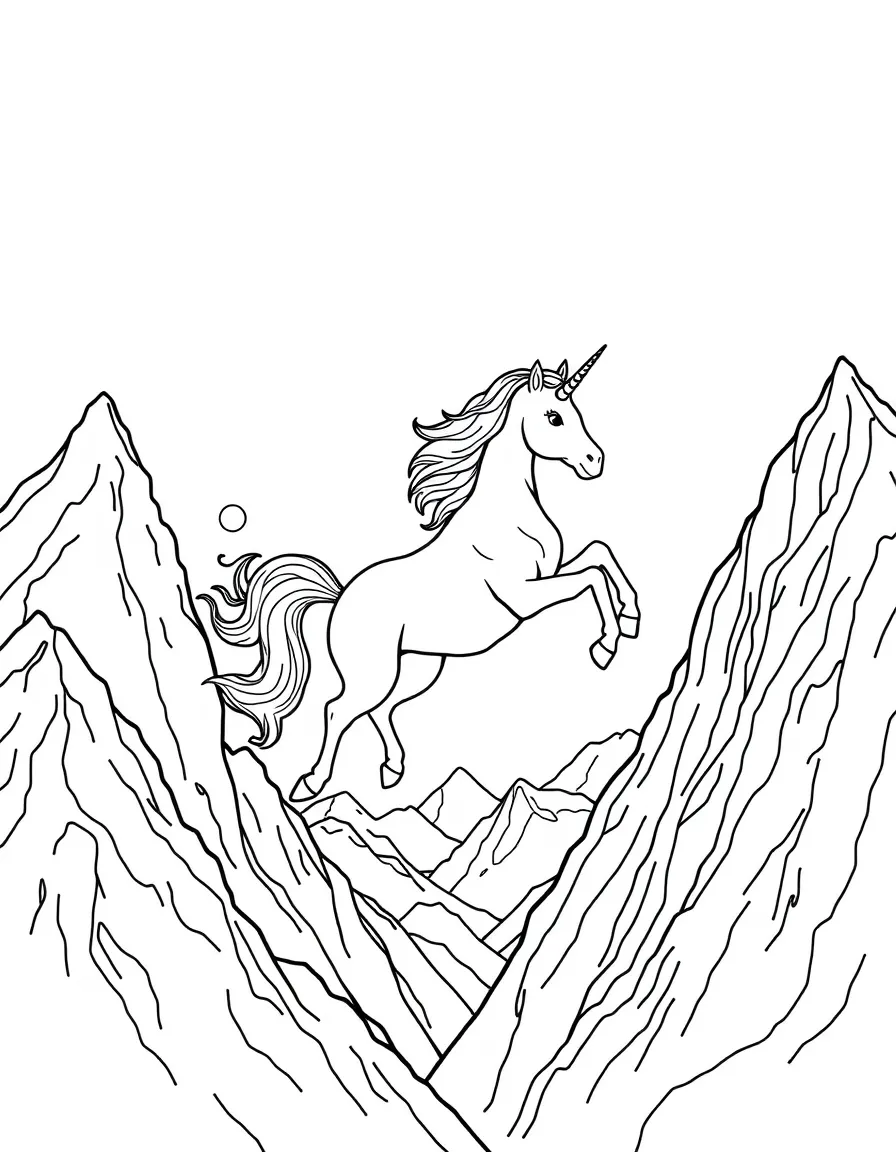 Unicorn jumping between mountain peaks