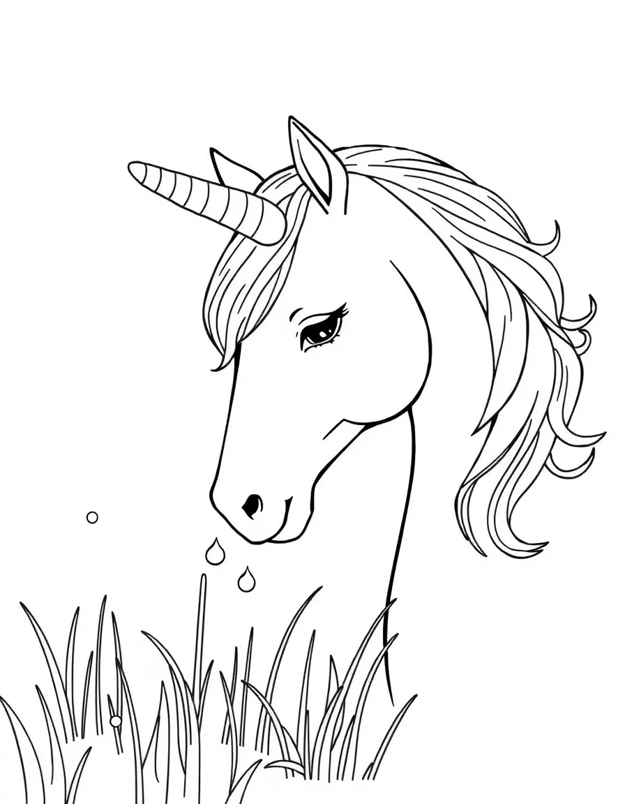 Unicorn collecting dewdrops in the early morning
