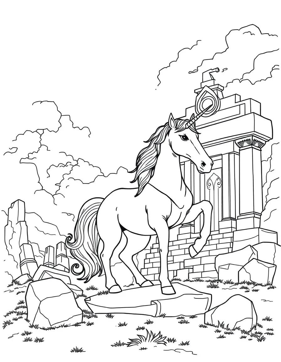 Unicorn guardian of an ancient temple ruins