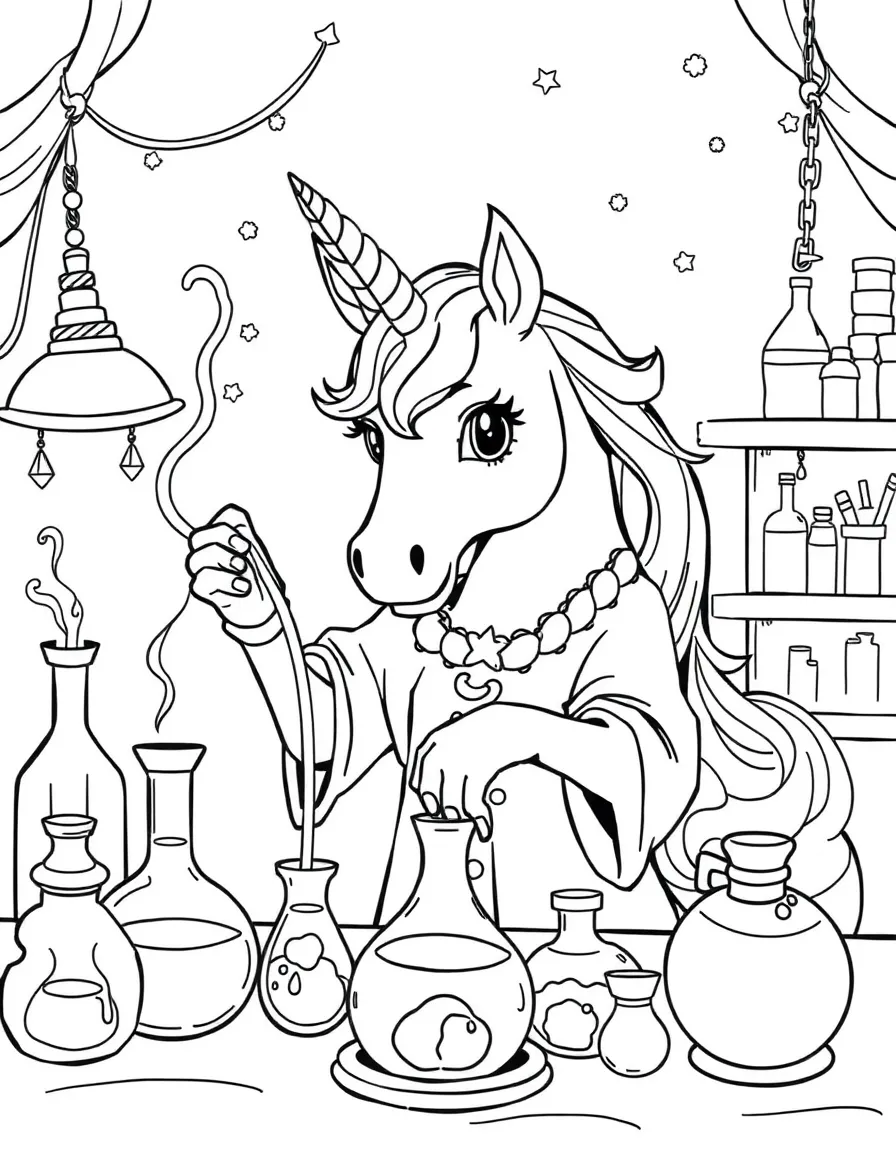Unicorn alchemist mixing potions in a magical laboratory
