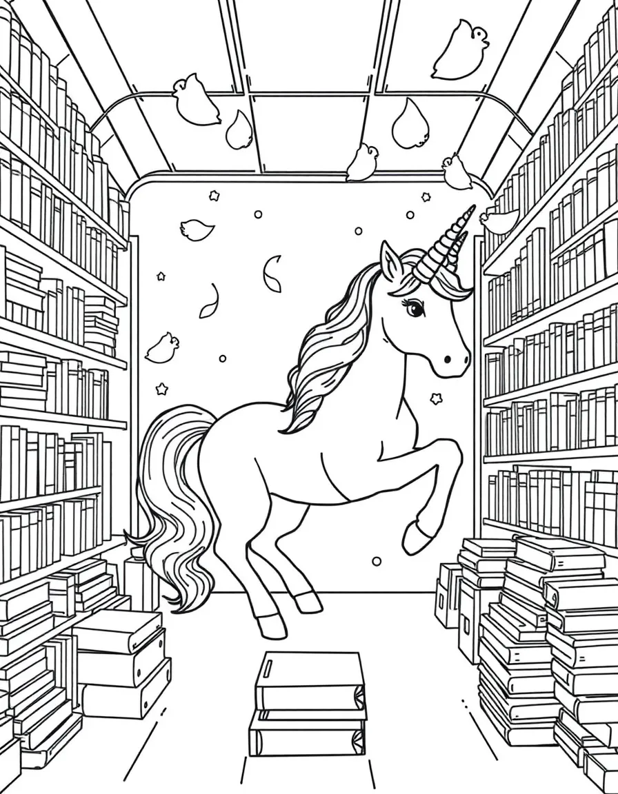 Unicorn bookstore filled with floating books