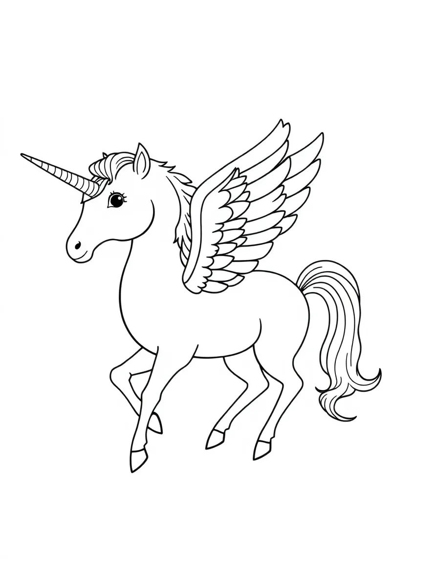 Bird-like unicorn with feathered wings and tail