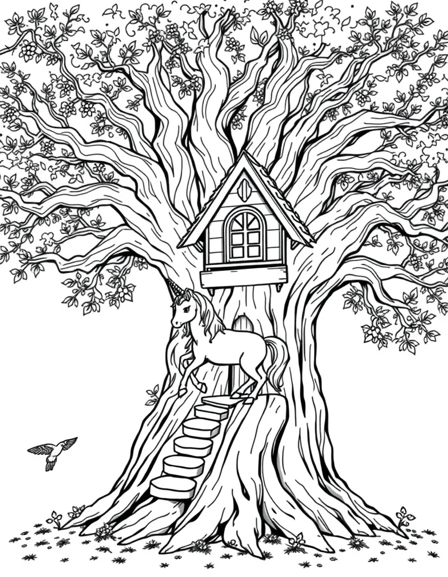 Unicorn tree house in an ancient oak