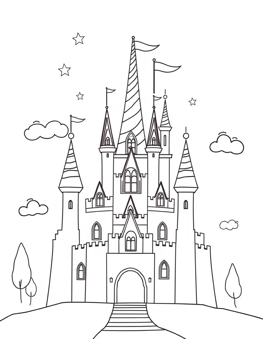 Unicorn castle with rainbow towers and star flags