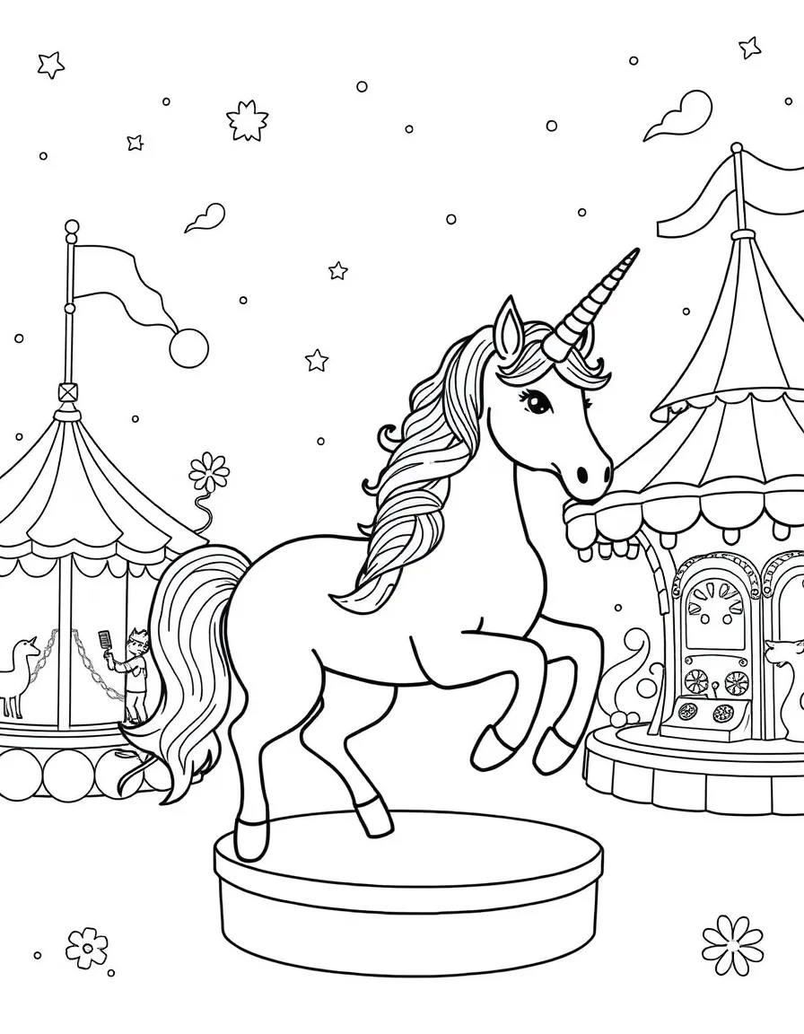 Unicorn carnival with fantasy rides and games