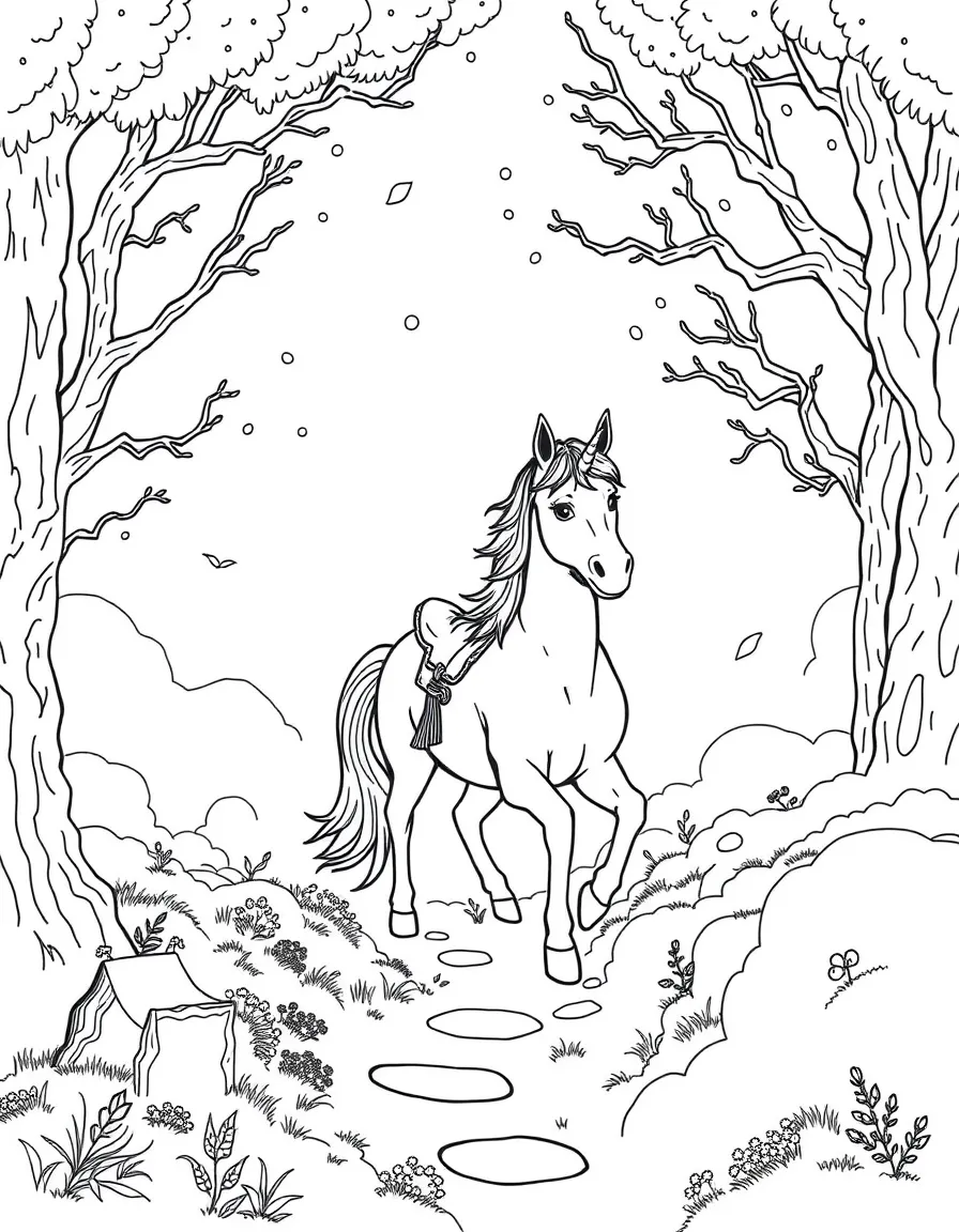 Unicorn guiding lost travelers through enchanted fog