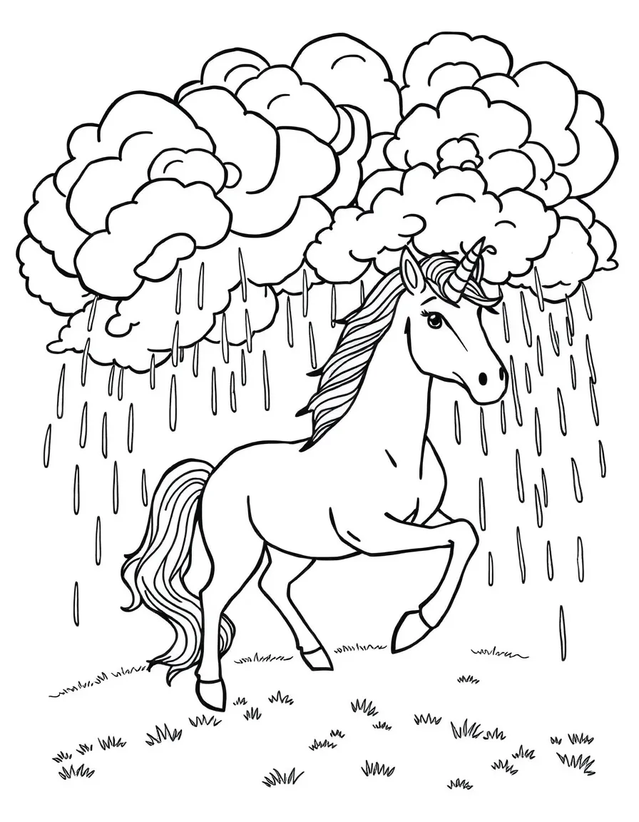 Unicorn transforming storm clouds to gentle rain