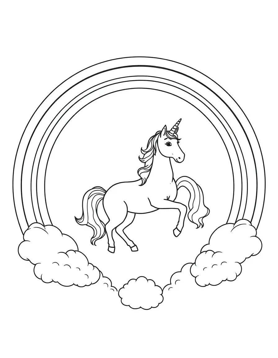 Unicorn connecting rainbows to form a circular path