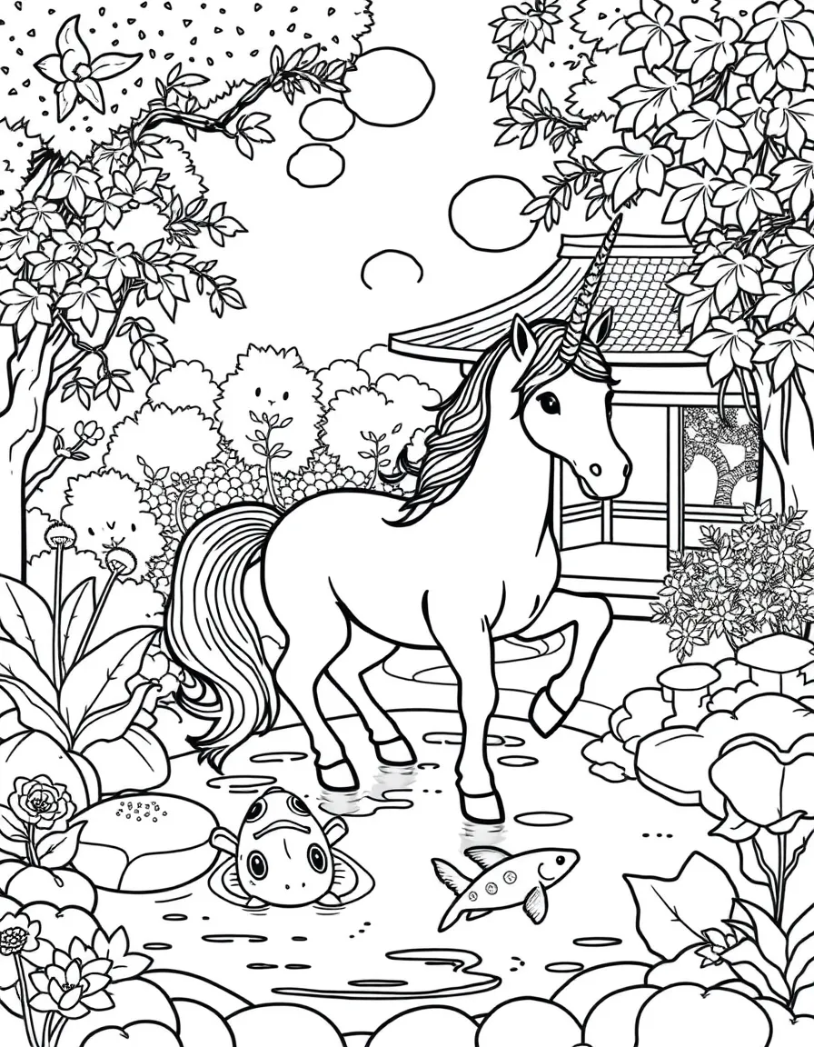 Unicorn in traditional Japanese garden with koi pond