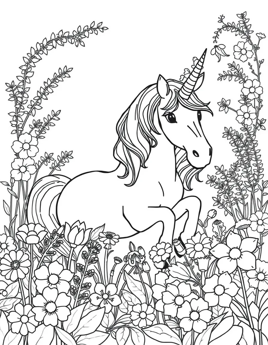 Unicorn amidst English cottage garden flowers