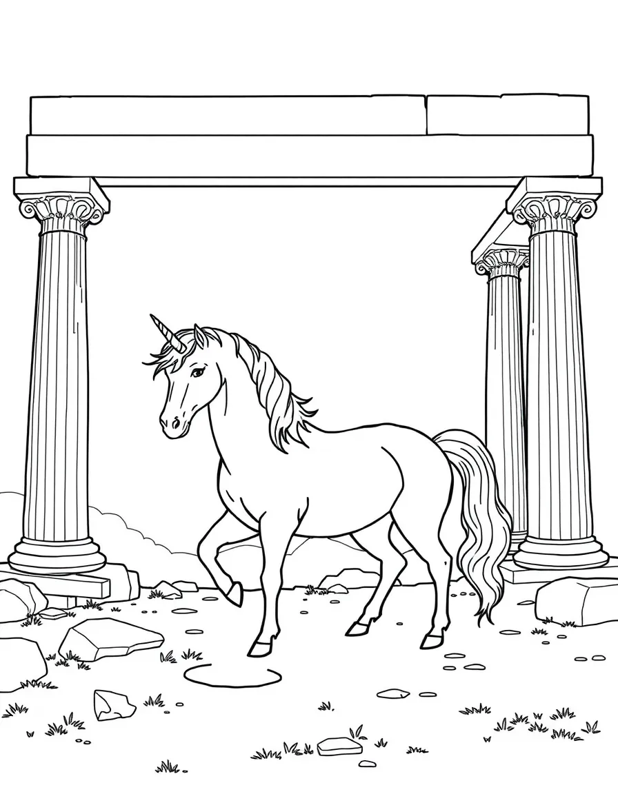 Unicorn at Roman temple ruins with columns