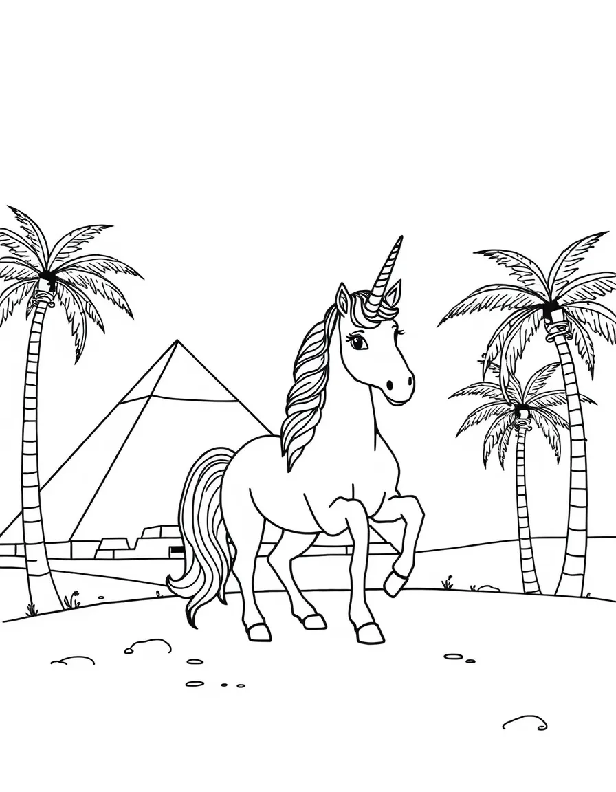 Unicorn at Egyptian pyramids and palm trees