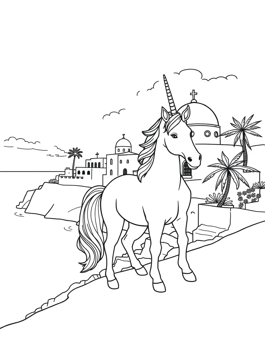 Unicorn at Greek island with white buildings