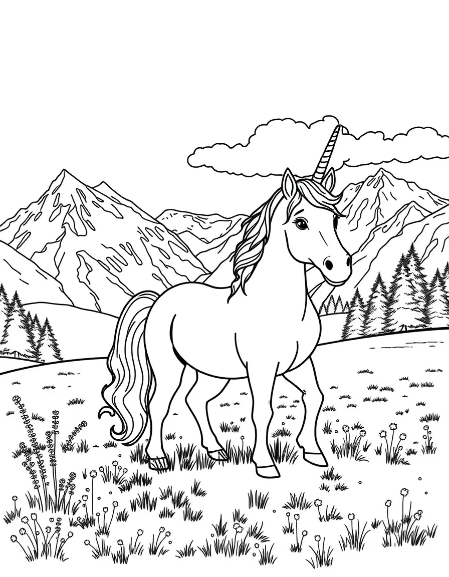 Unicorn at Swiss alpine meadow with mountains