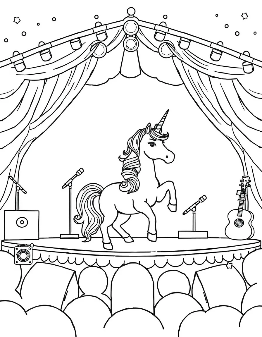Unicorn music festival with stage and instruments