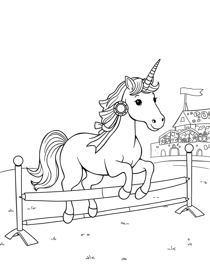 Unicorn sporting event with ribbon obstacle course