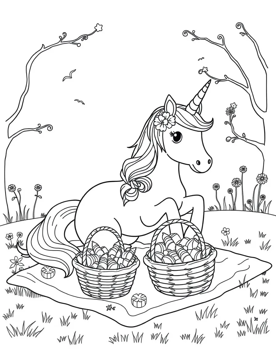 Unicorn picnic with treat-filled baskets