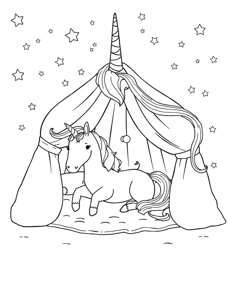 Unicorn slumber party with pillow fort